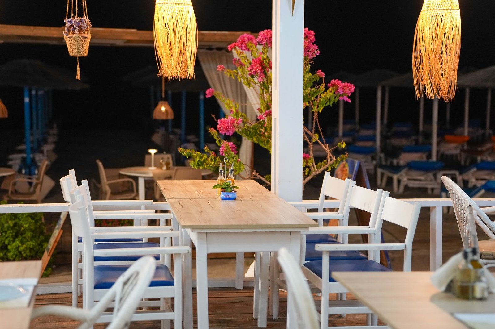 Tables under the pergola after dark